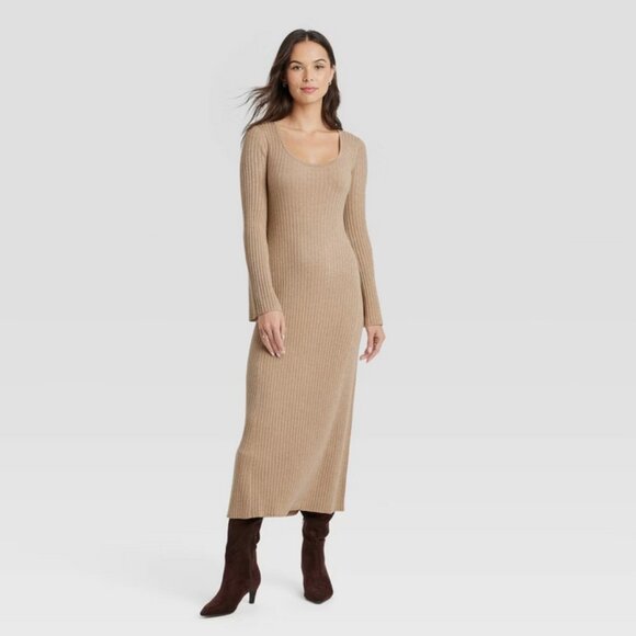 Women's Long Sleeve Maxi Sweater Dress - A New Day Gold M - Picture 3 of 3